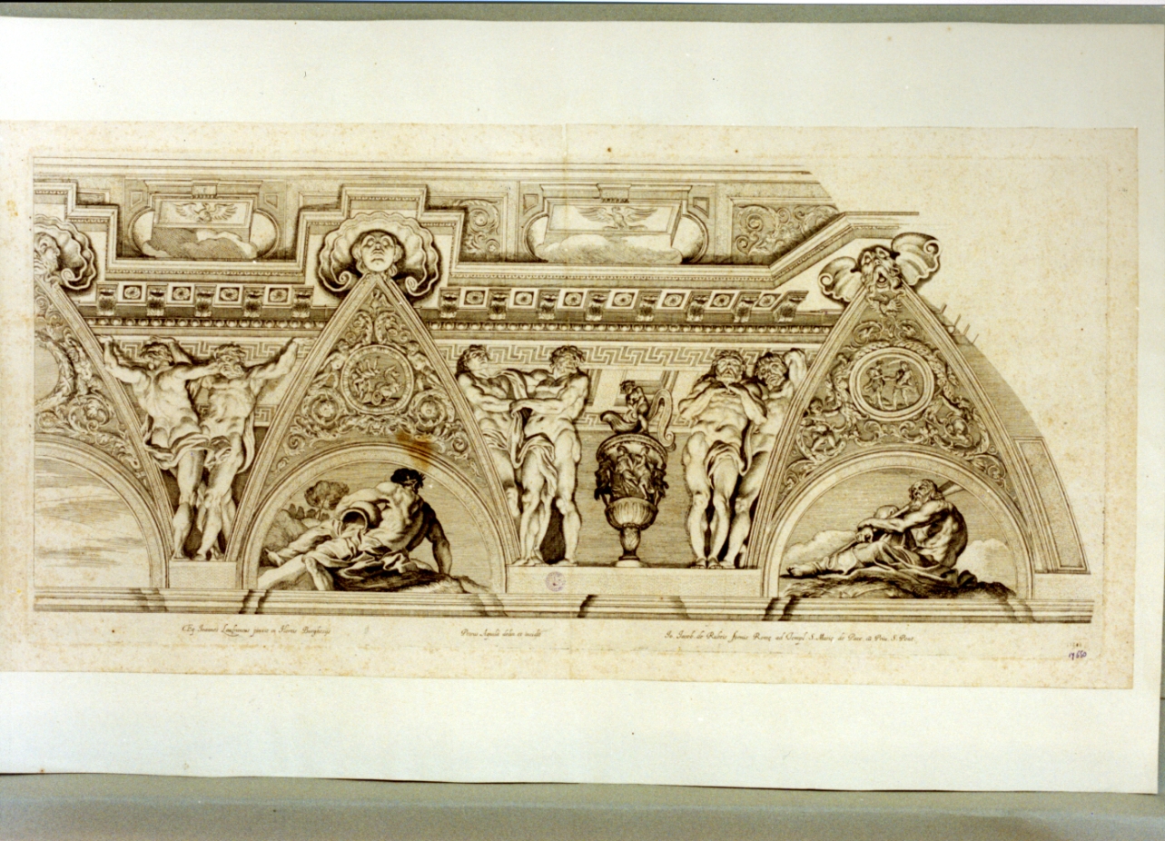 decorazione di soffitto con figure mitologiche (stampa) di Dell'Aquila Pietro (sec. XVII)