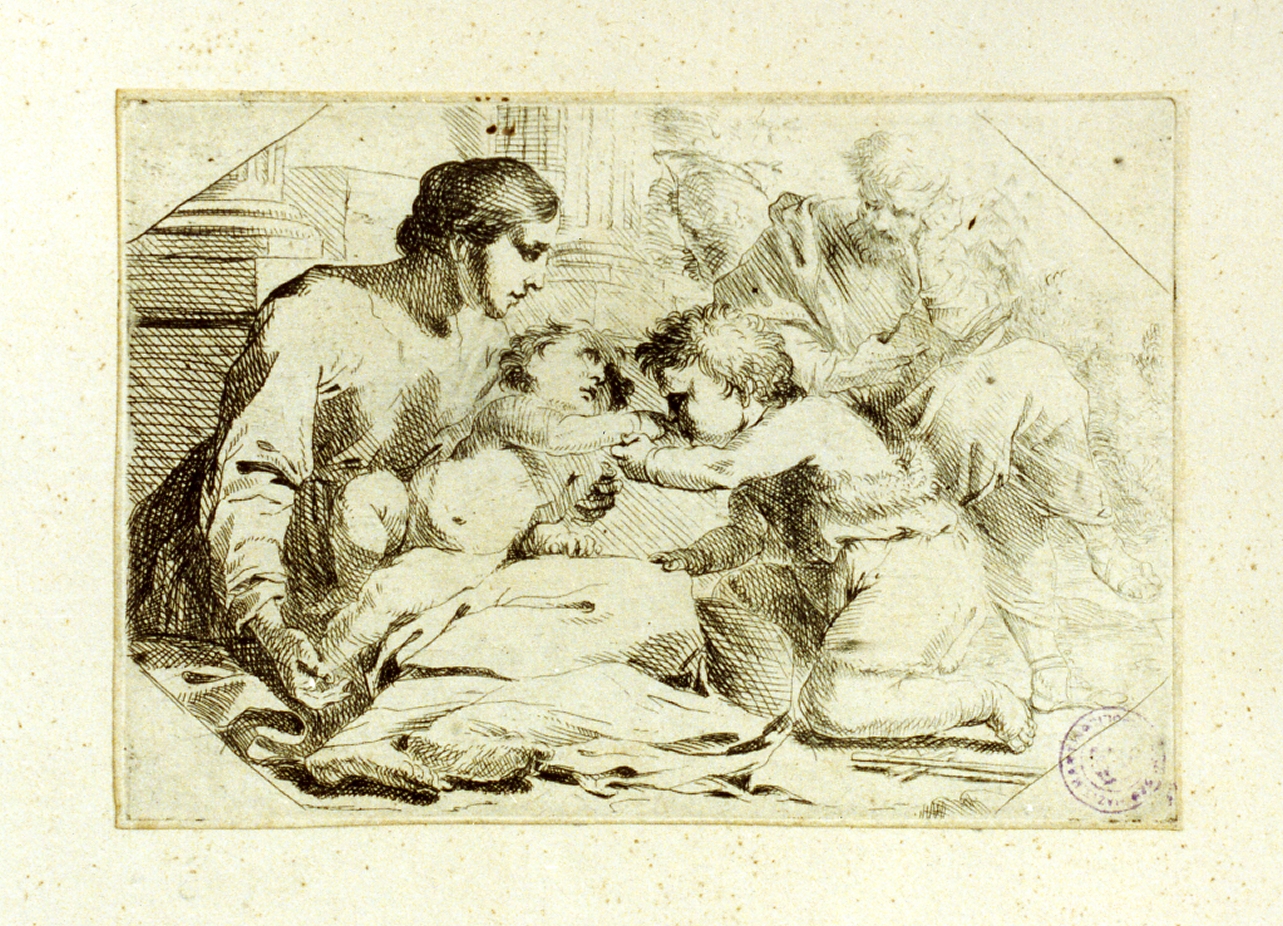 Sacra Famiglia con San Giovanni Battista bambino (stampa tagliata) di Maratta Carlo (secc. XVII/ XVIII)