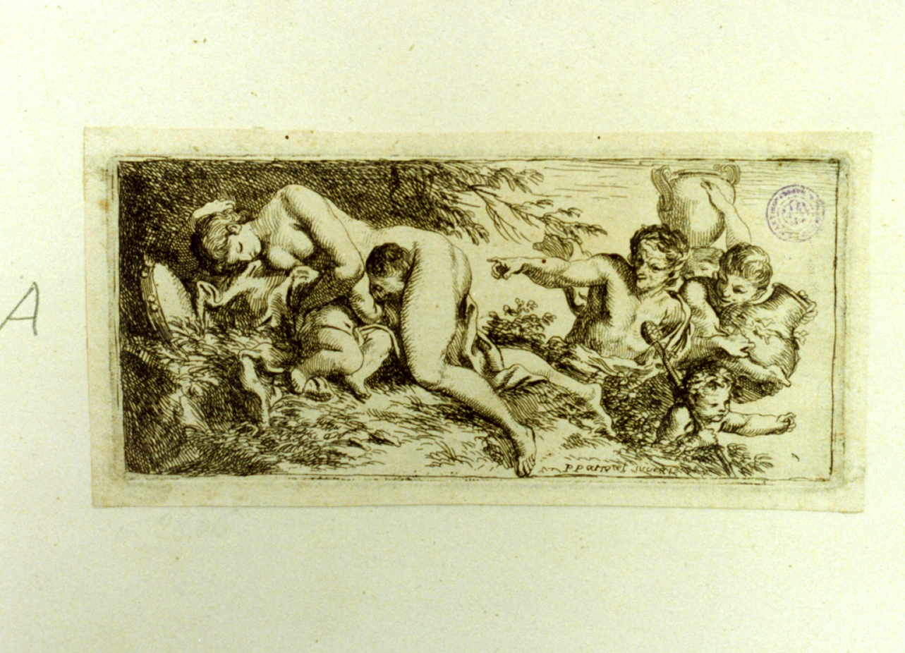 Satiro scopre una ninfa dormiente (stampa tagliata) di Parrocel Pierre (secc. XVII/ XVIII)