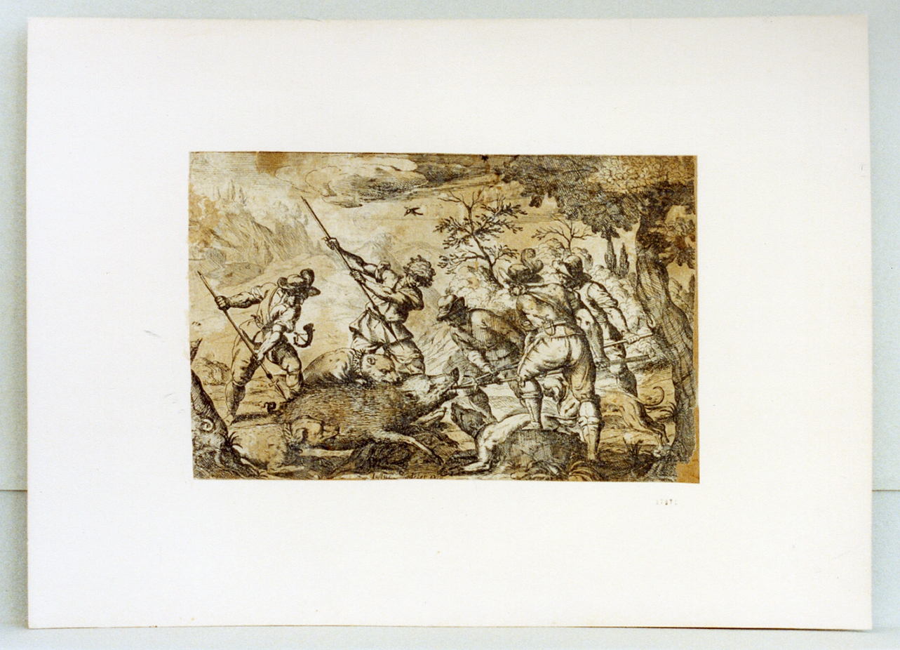 caccia al cinghiale (stampa) - ambito fiammingo (secc. XVI/ XVII)