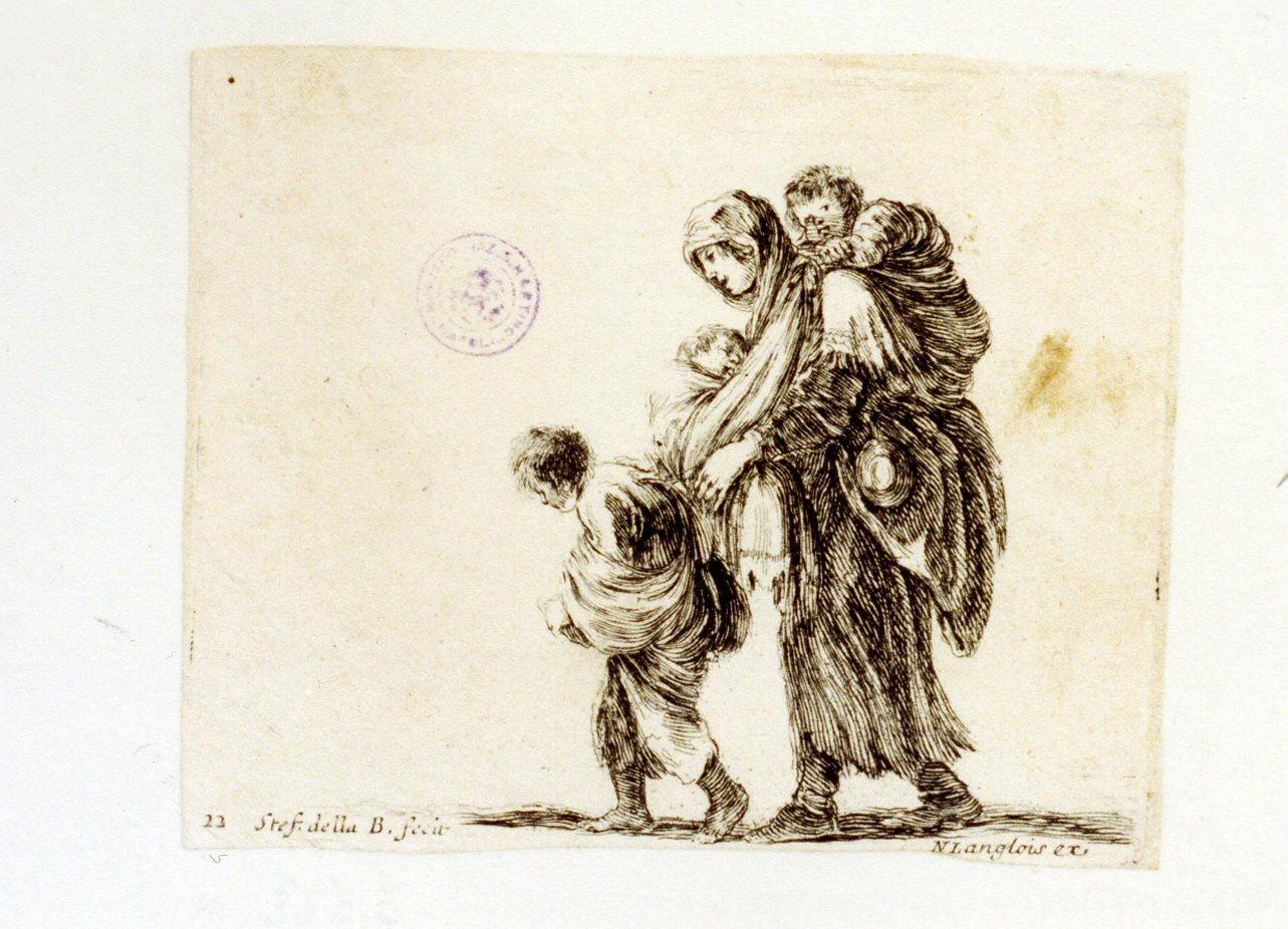 donna con bambini (stampa) di Della Bella Stefano (sec. XVII)
