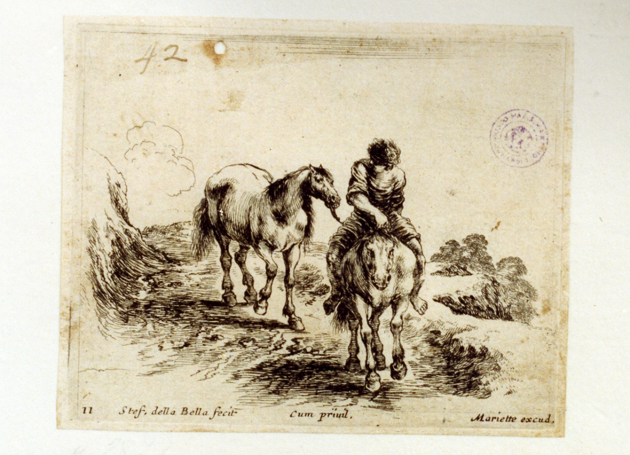 giovane a cavallo (stampa tagliata) di Della Bella Stefano (sec. XVII)