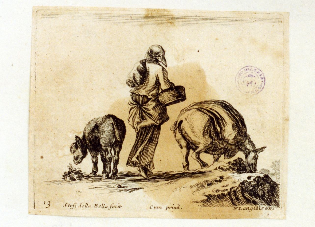 contadina con animali da cortile (stampa tagliata) di Della Bella Stefano (sec. XVII)
