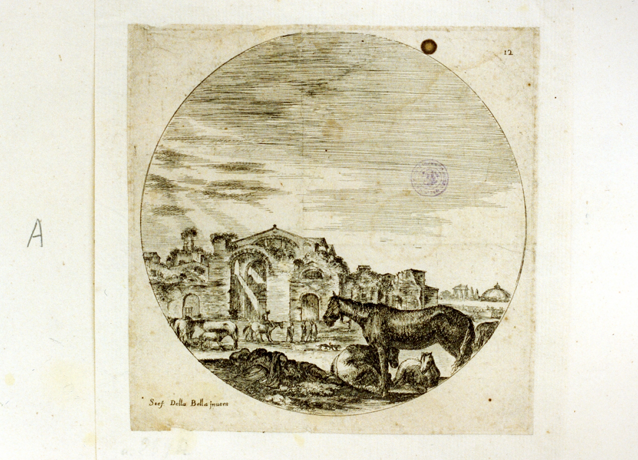 paesaggio con cavalli (stampa tagliata) di Della Bella Stefano (sec. XVII)
