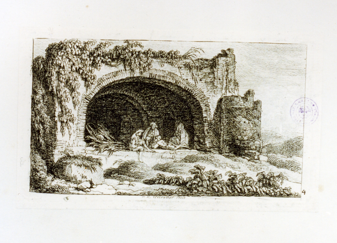 paesaggio con rovine (stampa tagliata) di Weirotter Franz Edmund (sec. XVIII)
