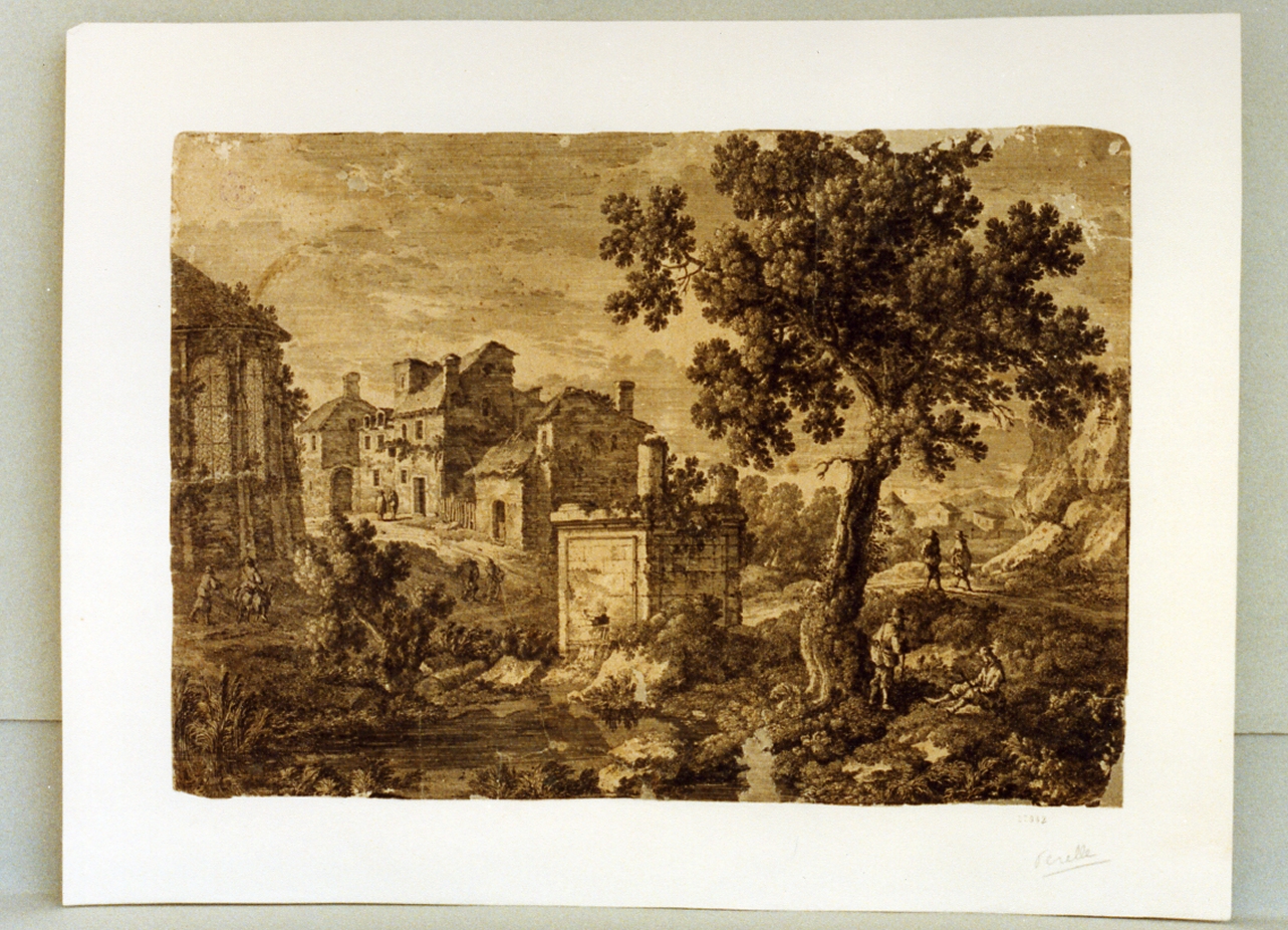 paesaggio con architetture (stampa) - ambito francese (sec. XVII)