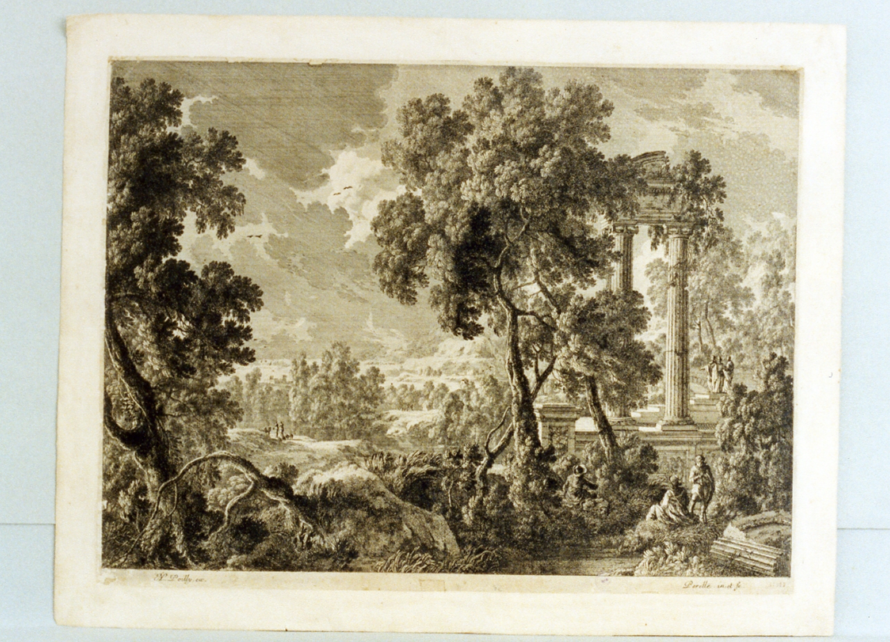 paesaggio con rovine (stampa) - ambito francese (sec. XVII)