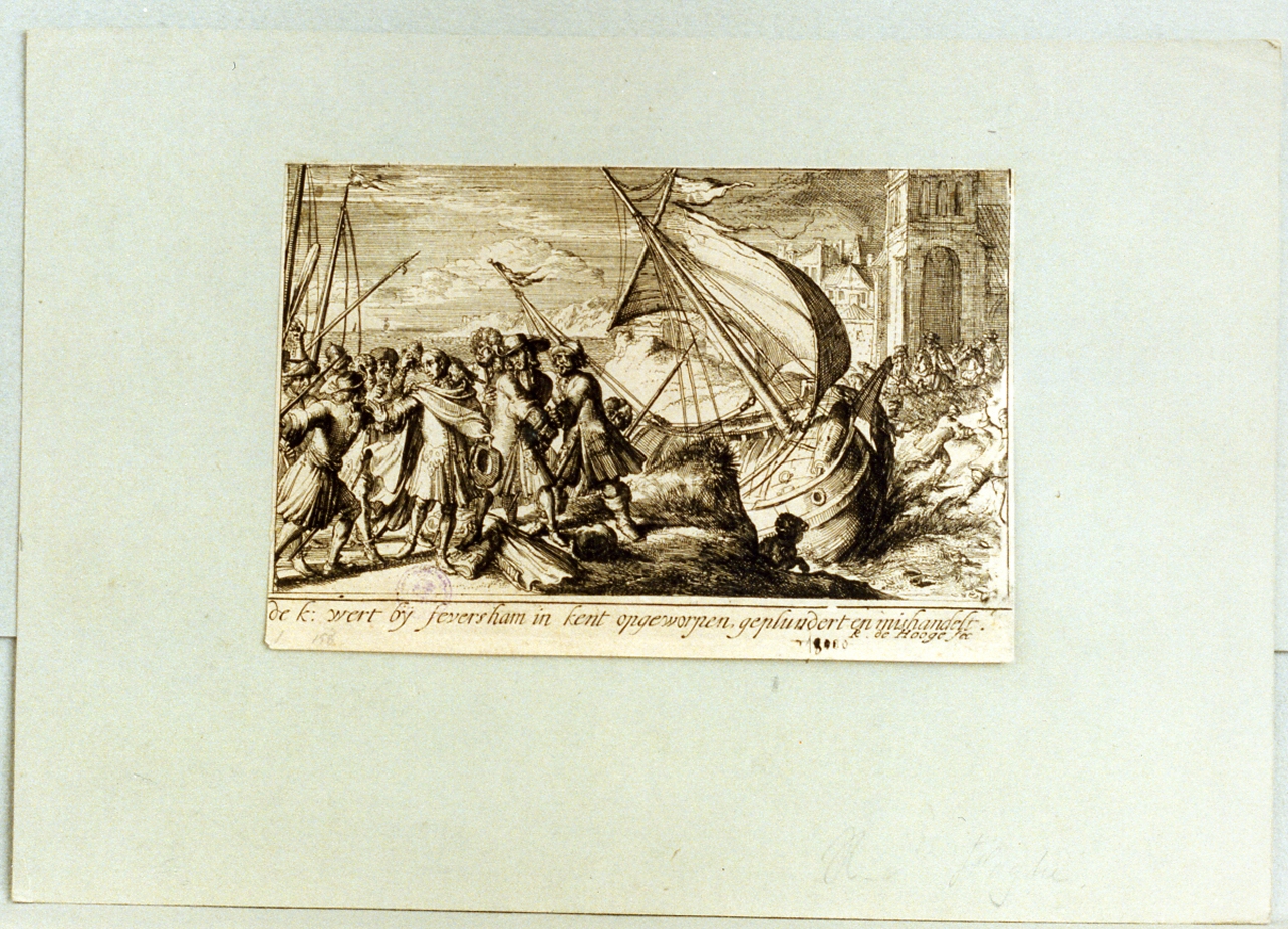 marina con naufragio (stampa) di De Hooghe Romeyn (secc. XVII/ XVIII)