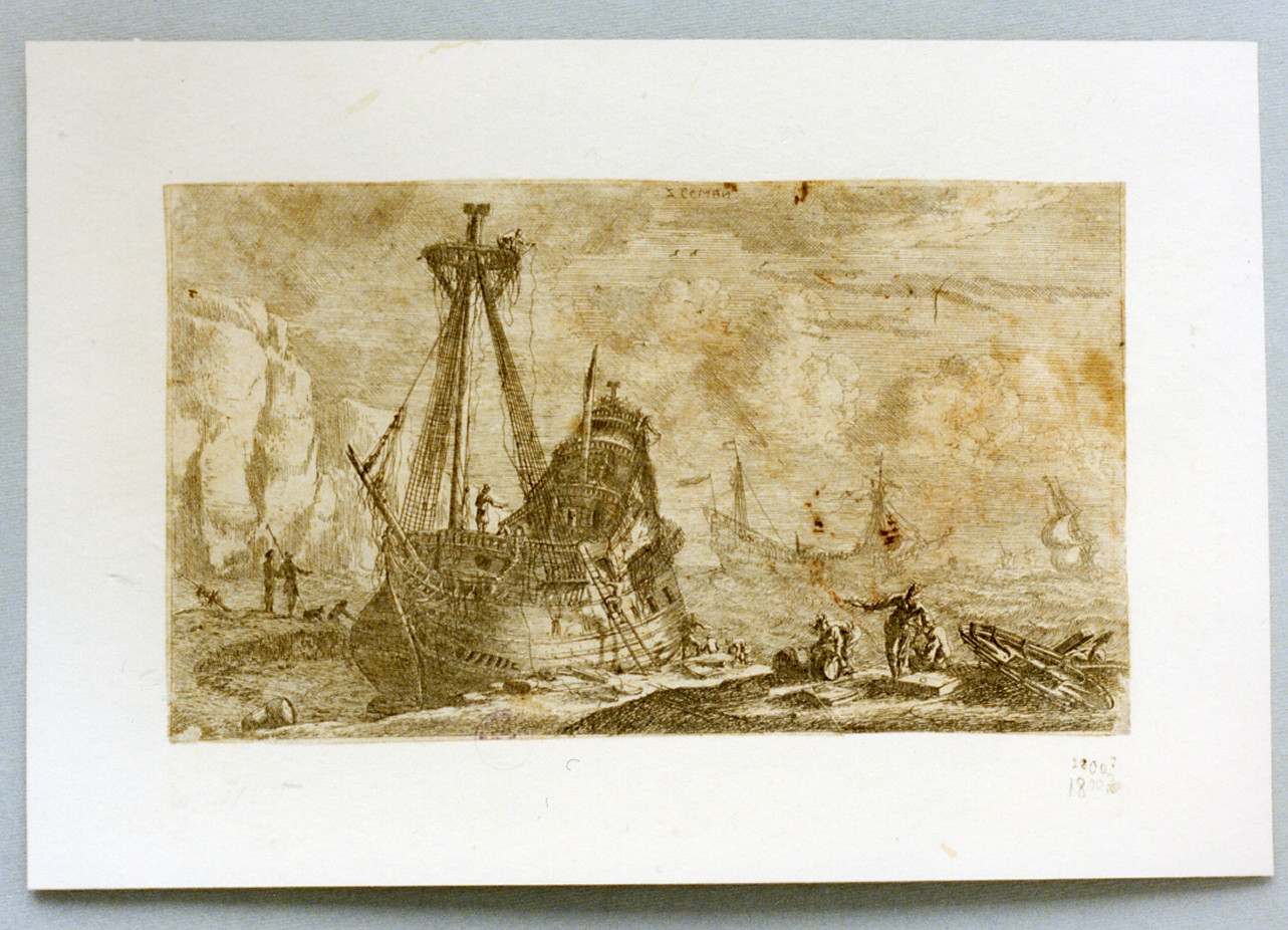 paesaggio marino con nave allo scalo (stampa) - ambito francese (sec. XVII)