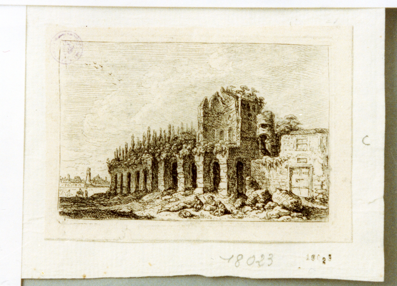 paesaggio con rovine (stampa tagliata) di Weirotter Franz Edmund (sec. XVIII)
