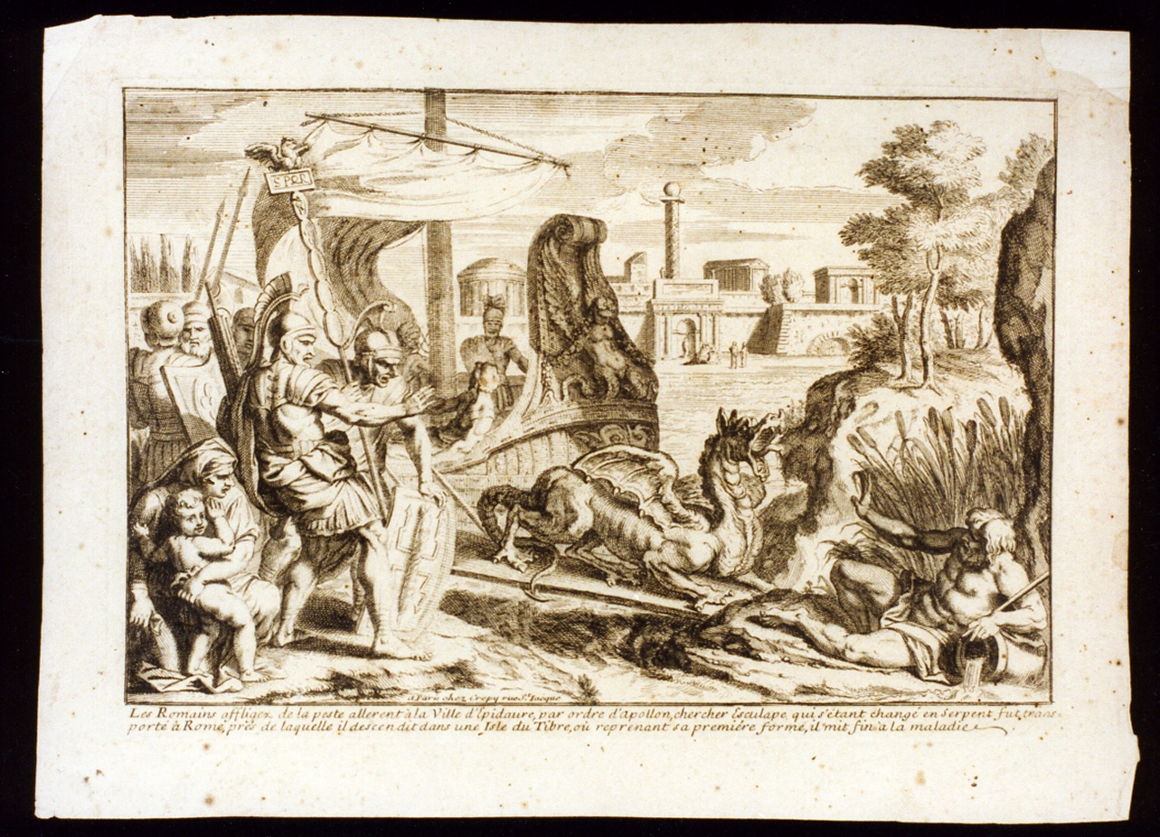 Esculapio guarisce i romani dalla peste (stampa tagliata) - ambito italiano (prima metà sec. XVIII)