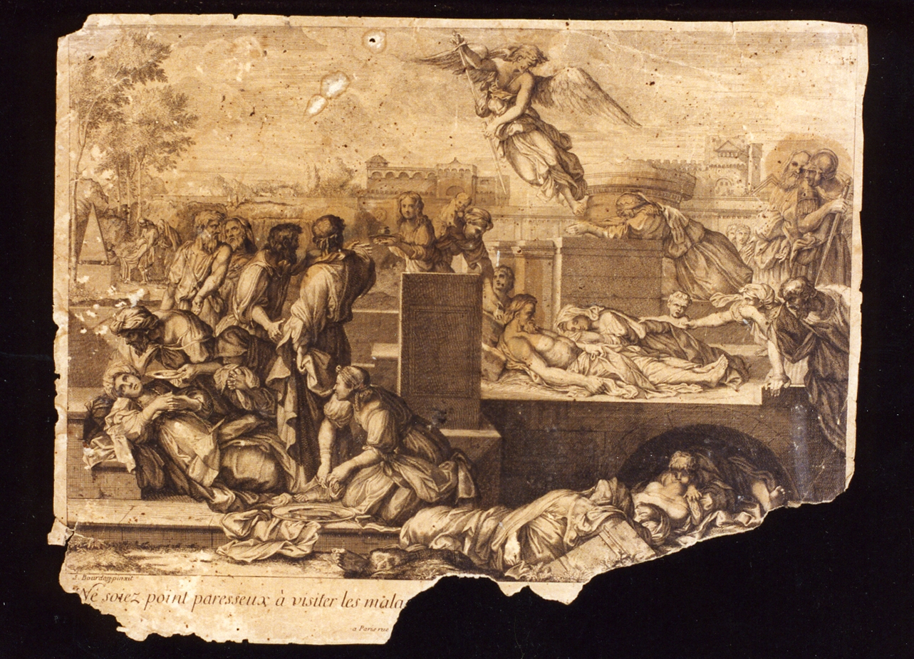 Sette opere di Misericordia/ visitare gli infermi (stampa) di Audran Louis (secc. XVII/ XVIII)