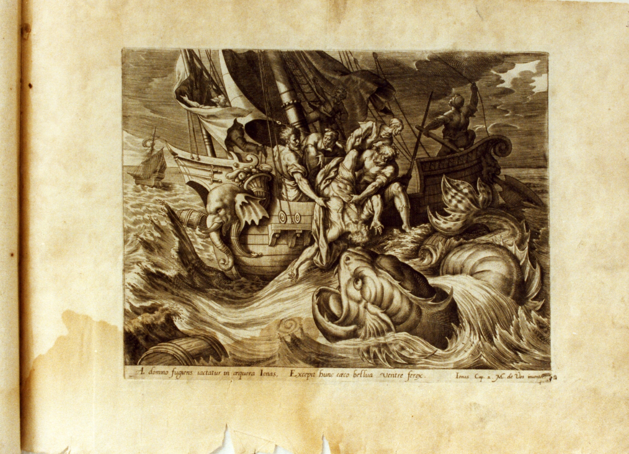 Giona inghiottito dalla balena (stampa) - ambito fiammingo (sec. XVI)