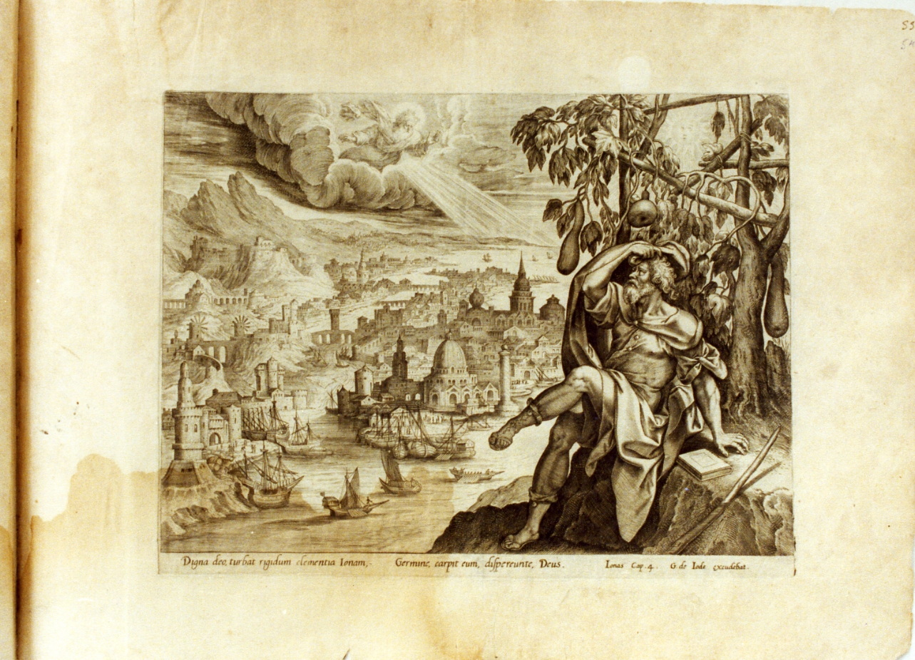 Giona contempla la città di Ninive (stampa) - ambito fiammingo (sec. XVI)