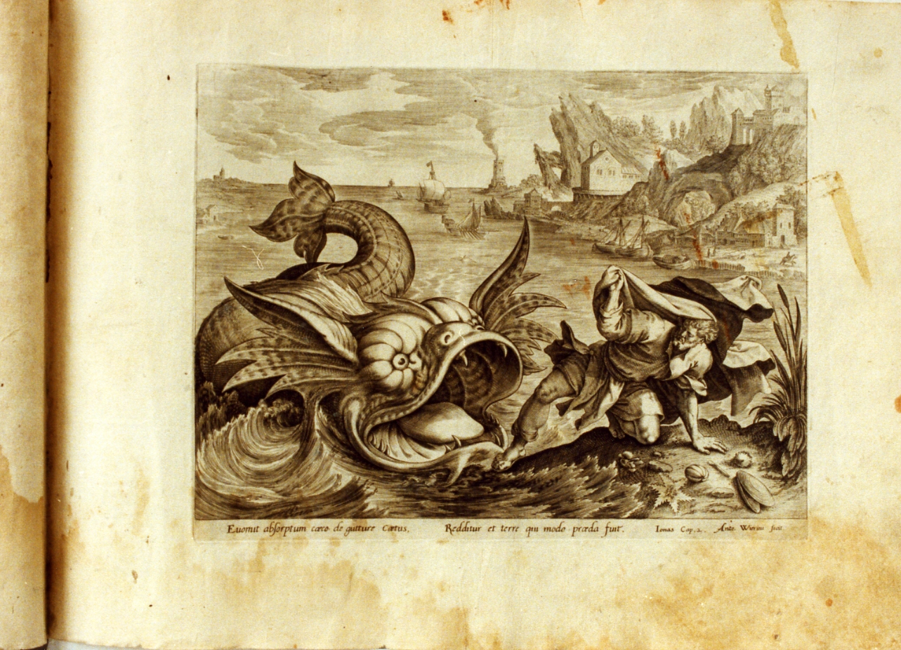 Giona esce dal ventre della balena (stampa) di Wierix Anthonie (sec. XVI)
