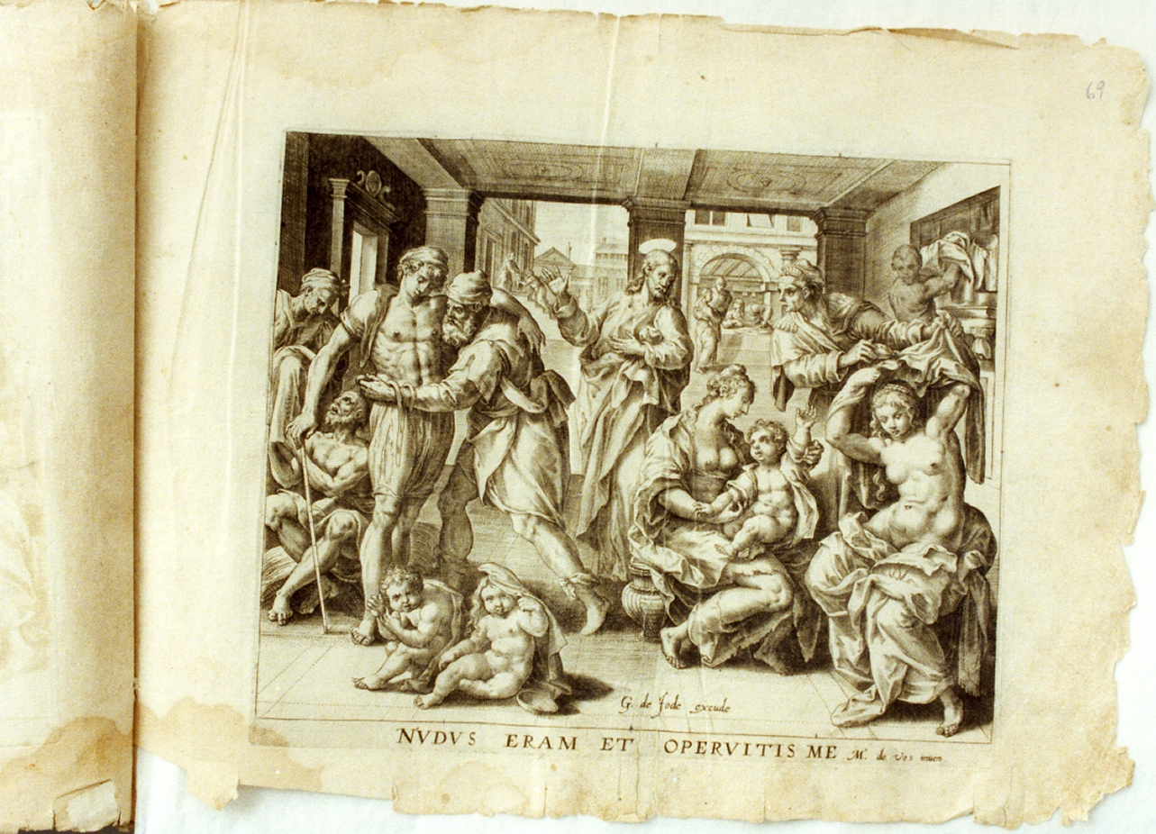 Sette opere di Misericordia/ vestire gli ignudi (stampa) - ambito fiammingo (sec. XVI)