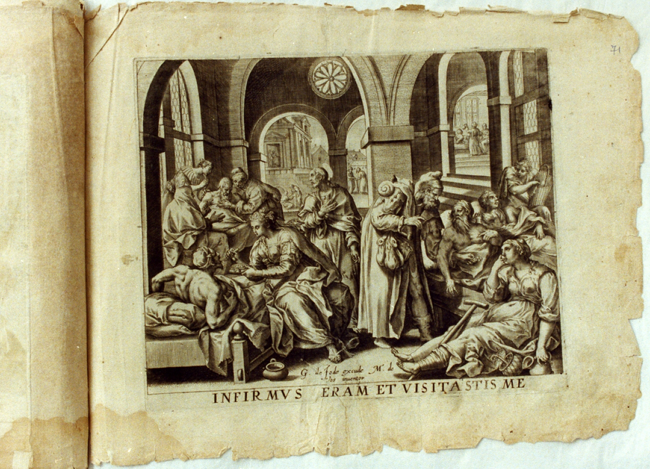 Sette opere di Misericordia/ visitare gli infermi (stampa) - ambito fiammingo (sec. XVI)