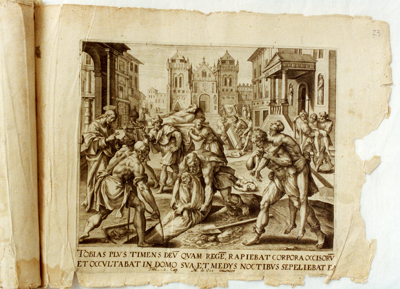 Sette opere di Misericordia/ seppellire i morti (stampa) - ambito fiammingo (seconda metà sec. XVI)