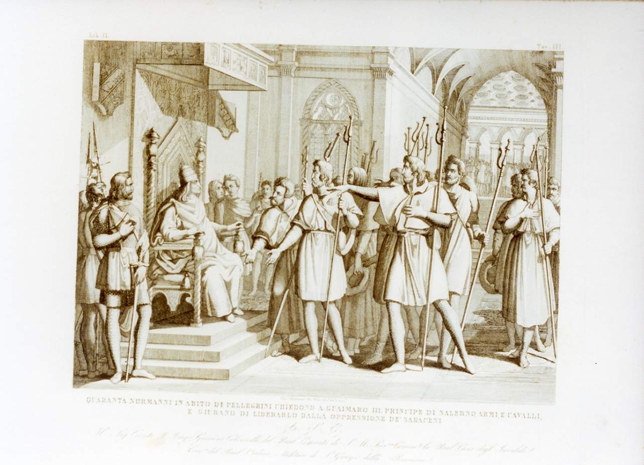 i Normanni offrono il loro aiuto al principe di Salerno (stampa) di De Vivo Tommaso (sec. XIX)