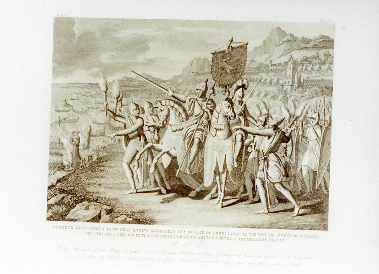 Roberto il Guiscardo brucia le sue navi nel porto di Durazzo (stampa) di De Vivo Tommaso (sec. XIX)