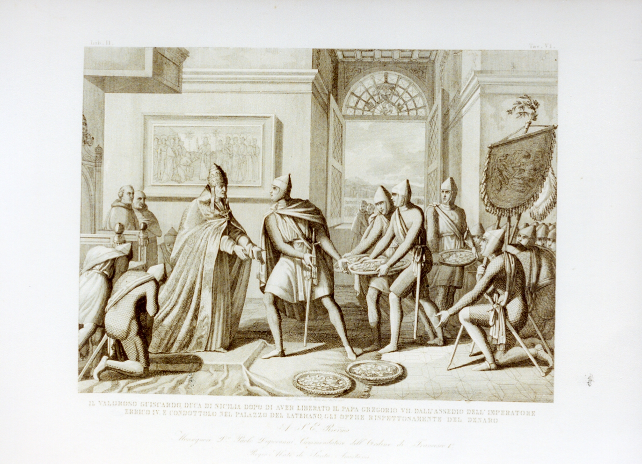 Roberto il Guiscardo libera Gregorio VII dall'assedio di Enrico IV (stampa) di De Vivo Tommaso (sec. XIX)