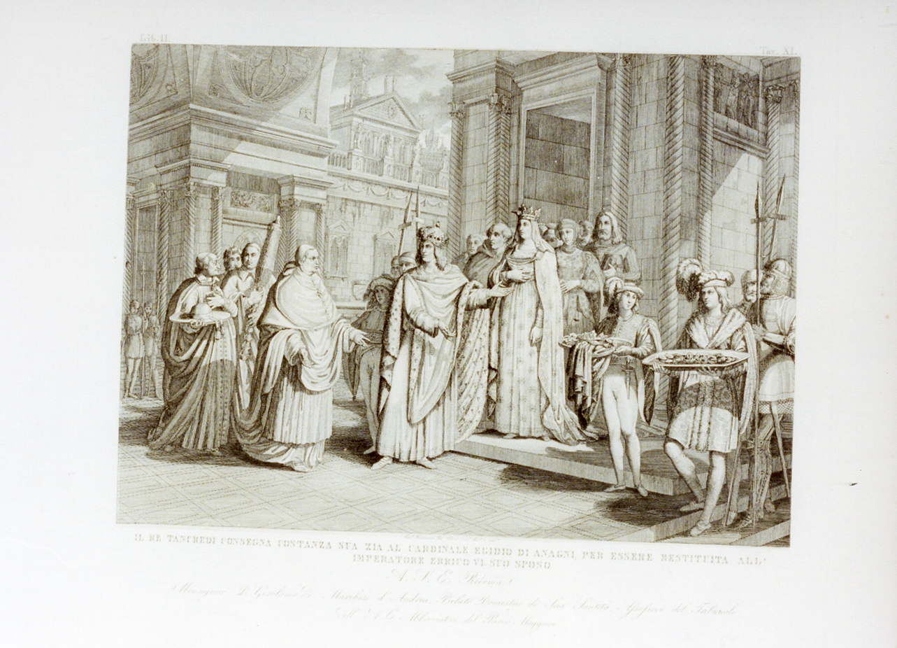 re Tancredi consegna sua zia Costanza al cardinale Egidio di Anagni (stampa) di De Vivo Tommaso (sec. XIX)