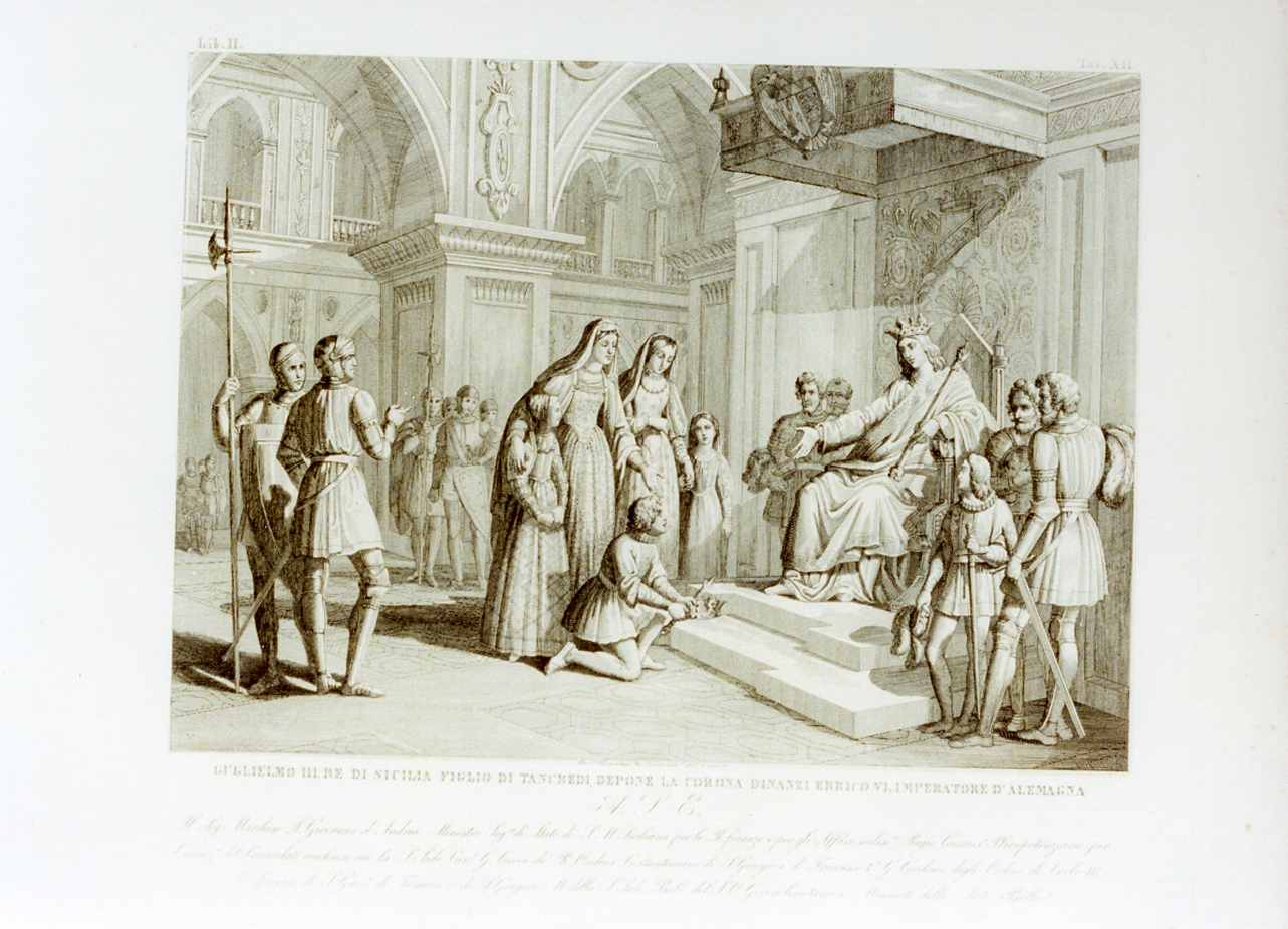 re Guglielmo III depone la corona dinanzi Enrico VI (stampa) di De Vivo Tommaso (sec. XIX)