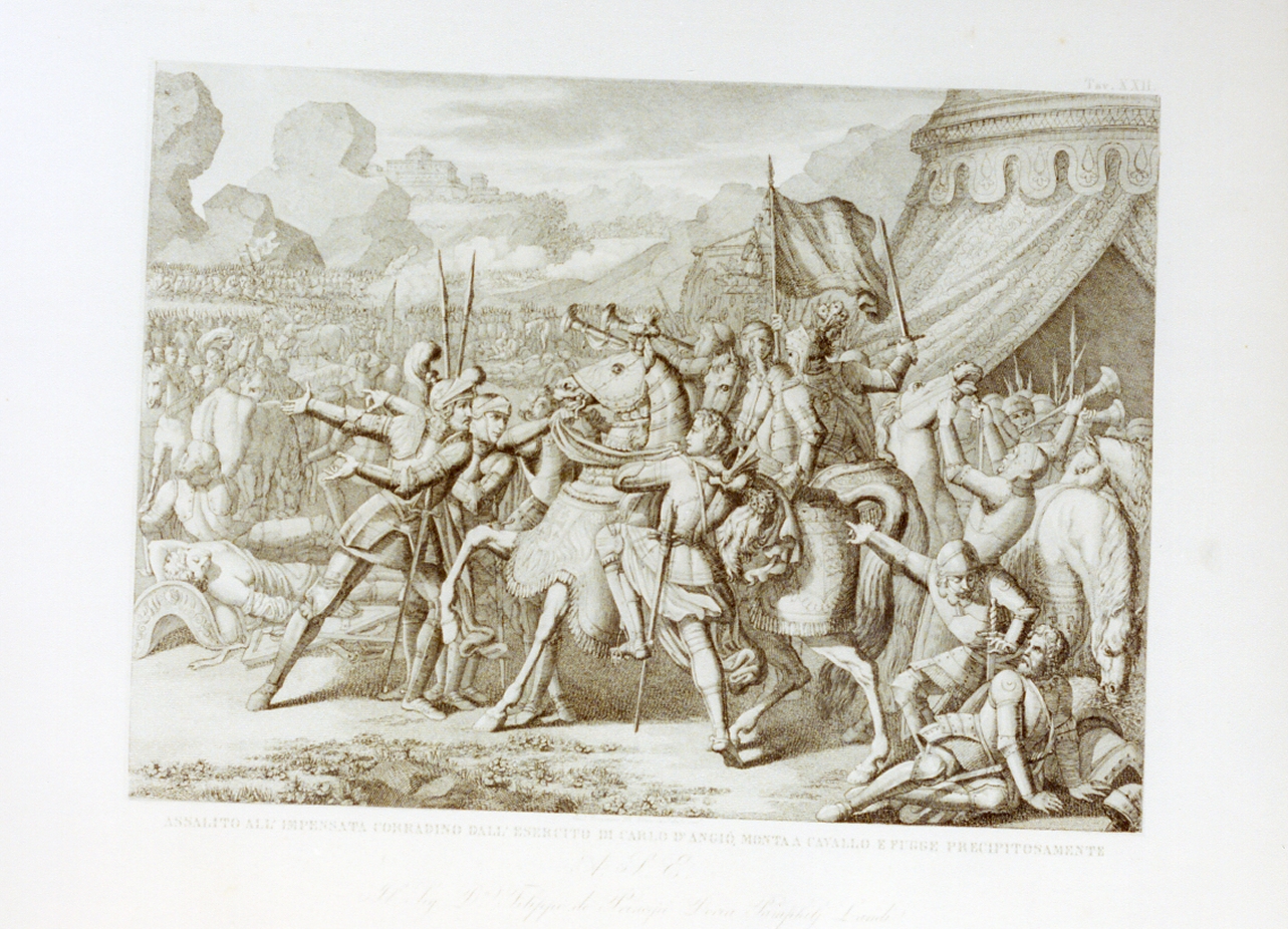 Corradino di Svevia assalito dai soldati di Carlo d'Angiò (stampa) di De Vivo Tommaso (sec. XIX)