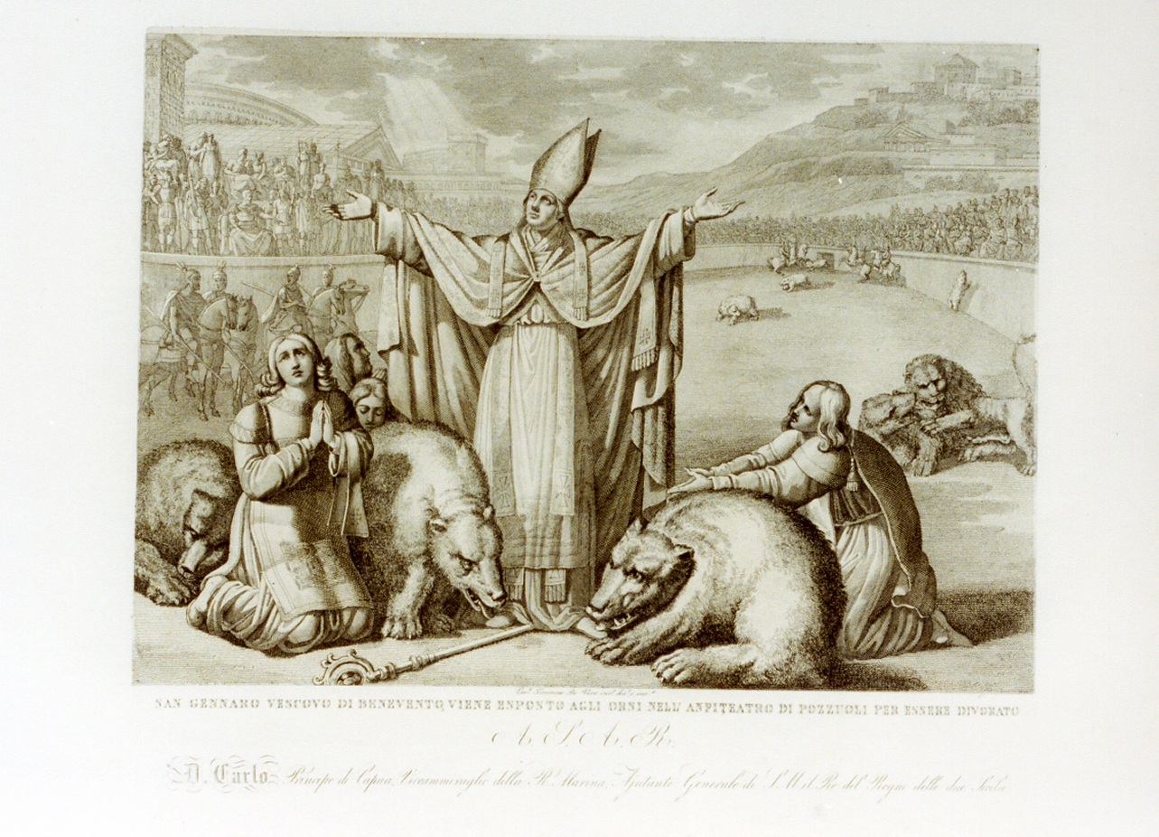 San Gennaro ammansisce gli orsi nell'anfiteatro di Pozzuoli (stampa) di De Vivo Tommaso (sec. XIX)