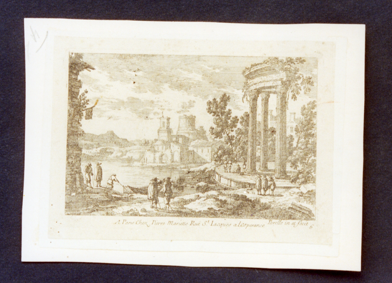 paesaggio con rovine (stampa tagliata) di Perelle Adam (sec. XVII)