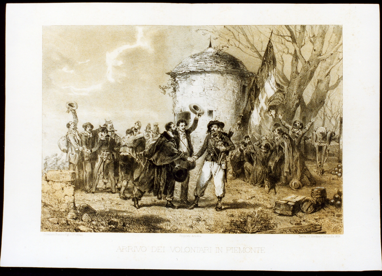 arrivo dei volontari in piemonte (stampa a colori) - ambito italiano (sec. XIX)