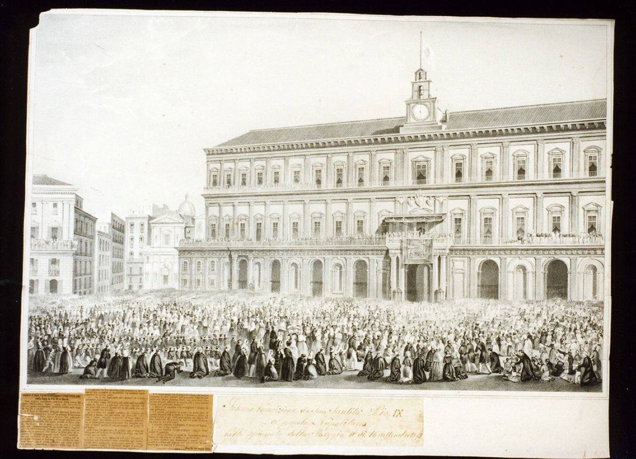 benedizione di papa Pio IX ai napoletani (stampa) - ambito italiano (sec. XIX)