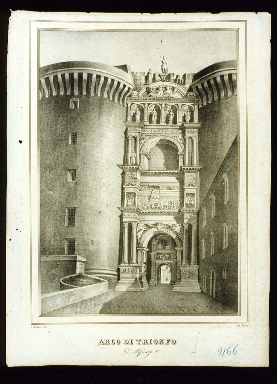 veduta dell'arco di Alfonso d'Aragona di Castelnuovo (stampa) - ambito italiano (secondo quarto sec. XIX)