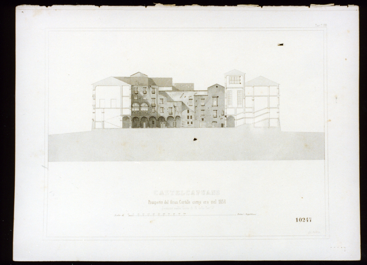 prospetto del cortile di castel Capuano a Napoli (stampa) - ambito napoletano (sec. XIX)