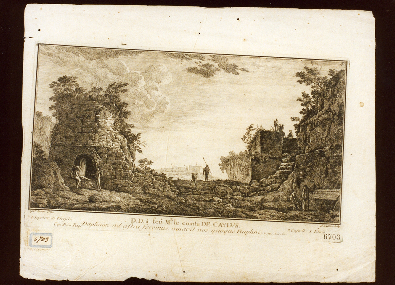 veduta del sepolcro di Virgilio a Napoli (stampa) di Cardon Antoine (ultimo quarto sec. XVIII)