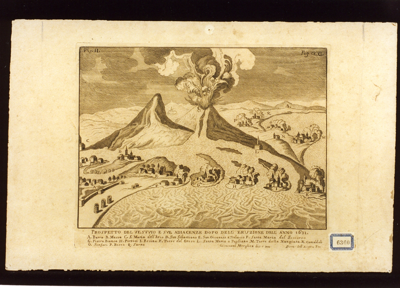 veduta prospettica del Vesuvio in eruzione (stampa) di Dell'Acerra Domenico (seconda metà sec. XVIII)