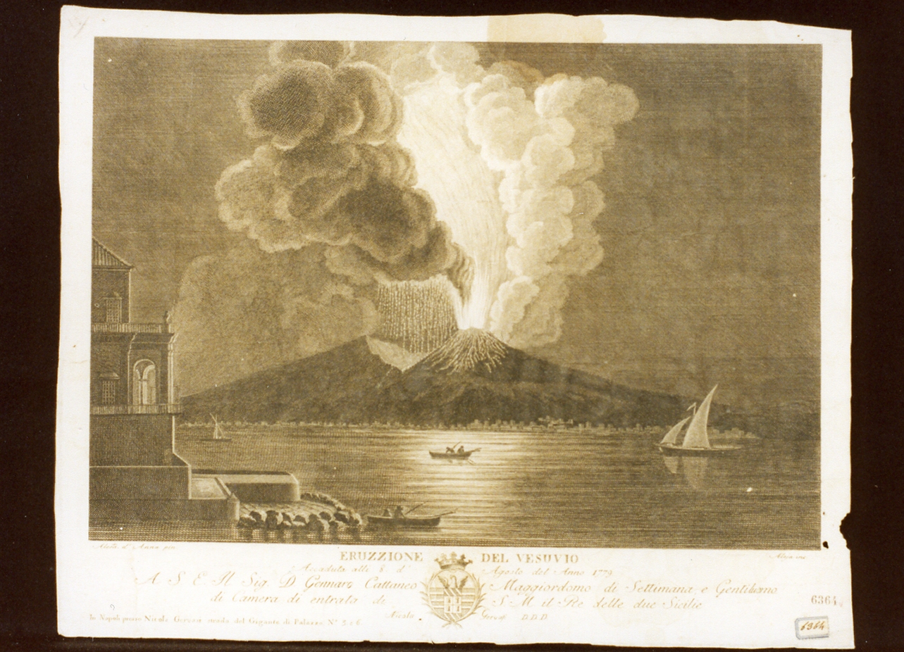 veduta del Vesuvio in eruzione (stampa) di Aloja Vincenzo (sec. XIX)