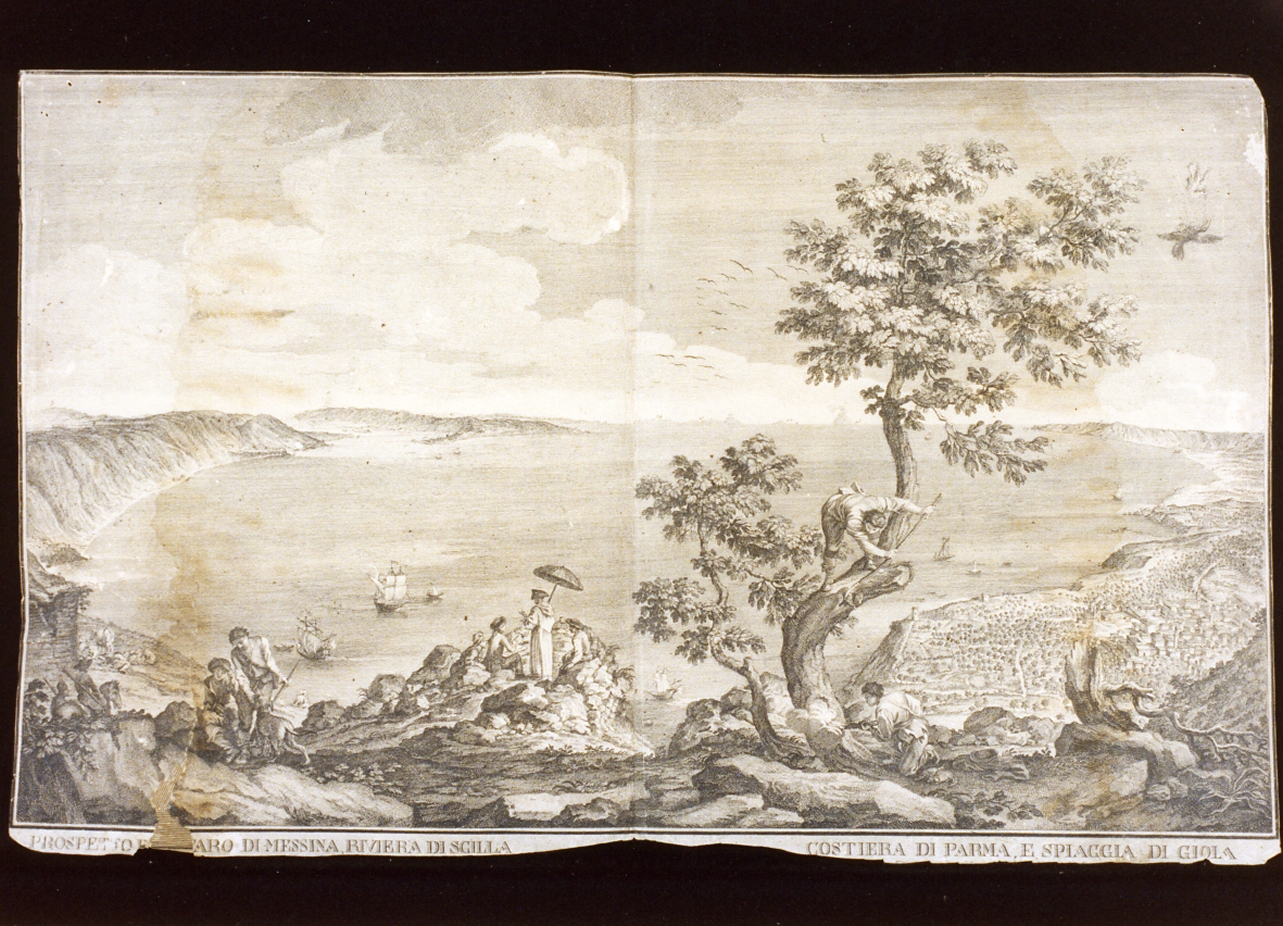 veduta con le coste di Scilla e Gioia Tauro (stampa) di Fortuyn Willem (attribuito) (sec. XVIII)