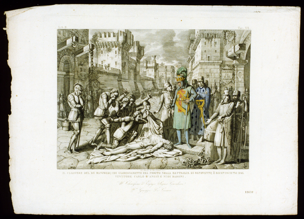 re Carlo d'Angiò riconosce il cadavere di Manfredi (stampa a colori) di De Vivo Tommaso (sec. XIX)