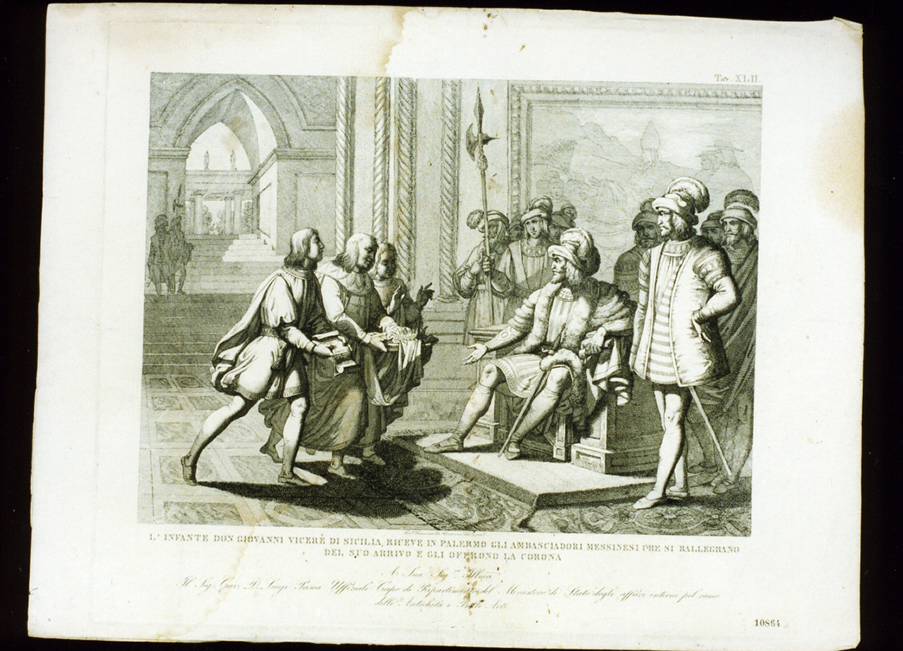 don Giovanni d'Austria riceve gli ambasciatori messinesi a Palermo (stampa) di De Vivo Tommaso (sec. XIX)