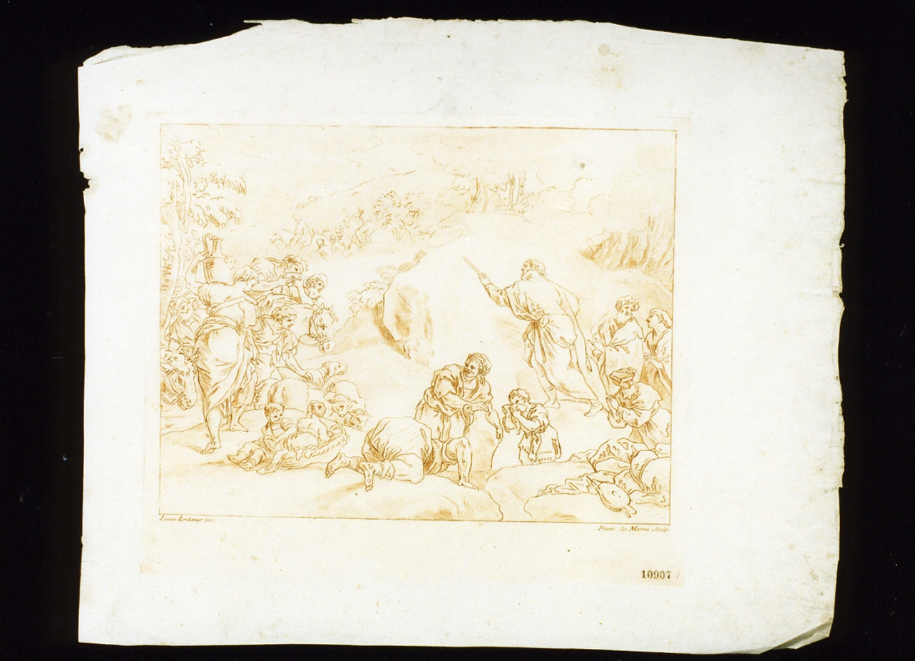 Mosè fa scaturire l'acqua dalla roccia (stampa a colori) di La Marra Francesco (sec. XVIII)
