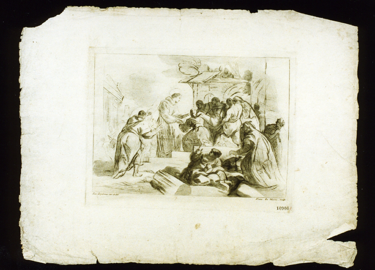 Sant'Antonio riattacca il piede ad un ragazzo (stampa) di La Marra Francesco (sec. XVIII)