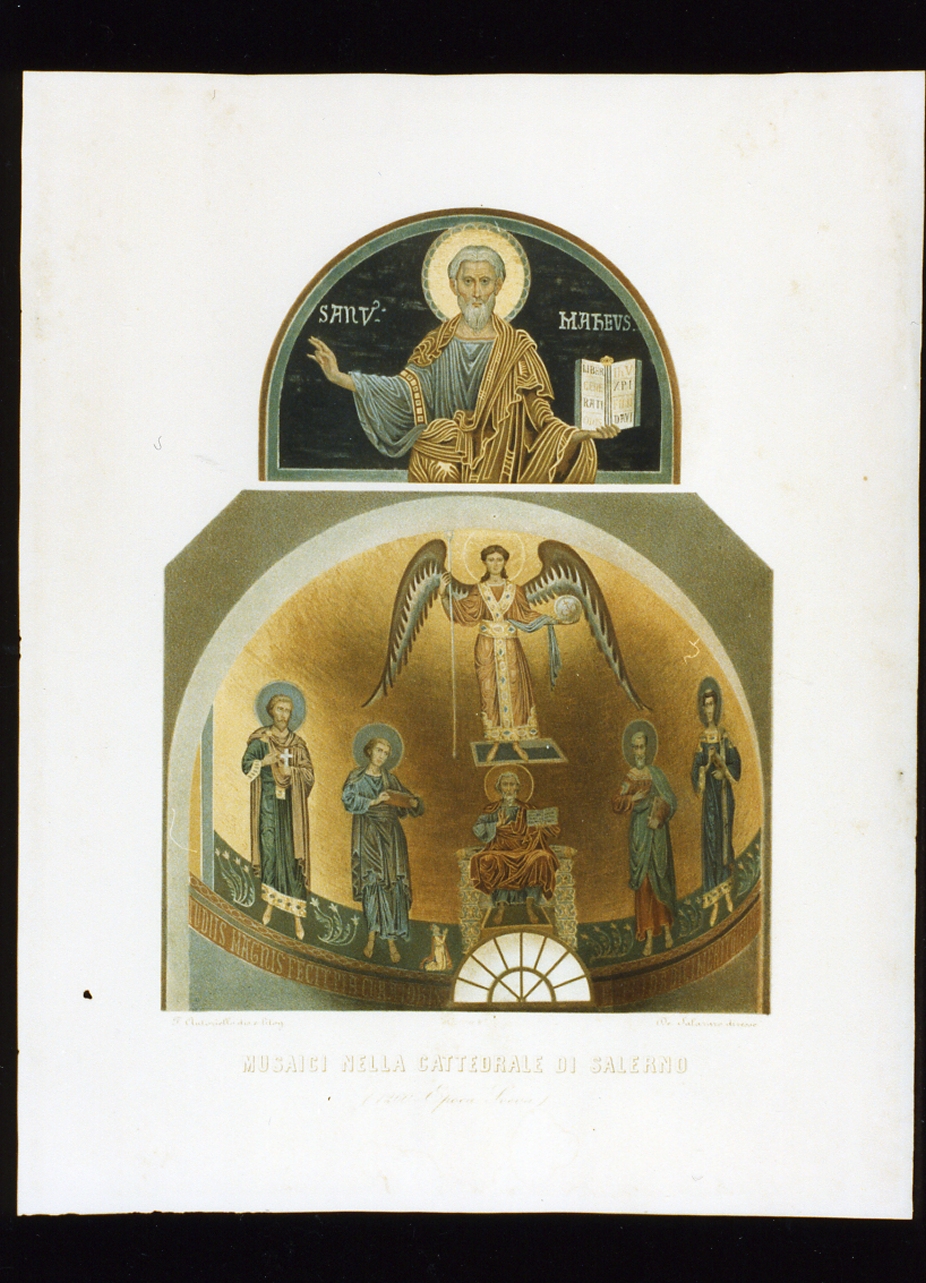 mosaici nell'abside della cattedrale di Salerno (stampa a colori) di Salazaro Demetrio, Autoriello Francesco (sec. XIX)