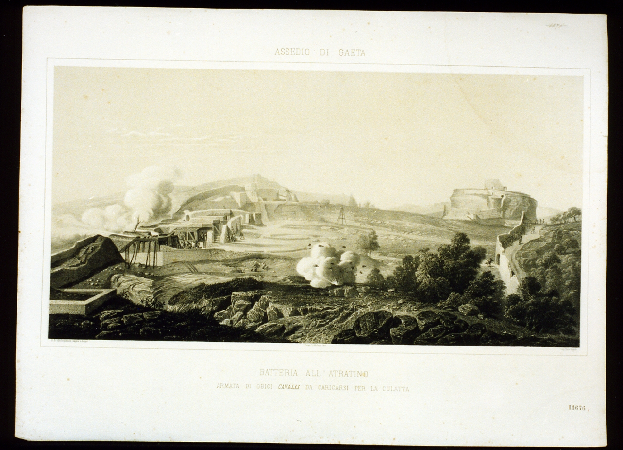 veduta della batteria all'atratino nell'assedio di Gaeta (stampa a colori) di Bucco Luigi (sec. XIX)
