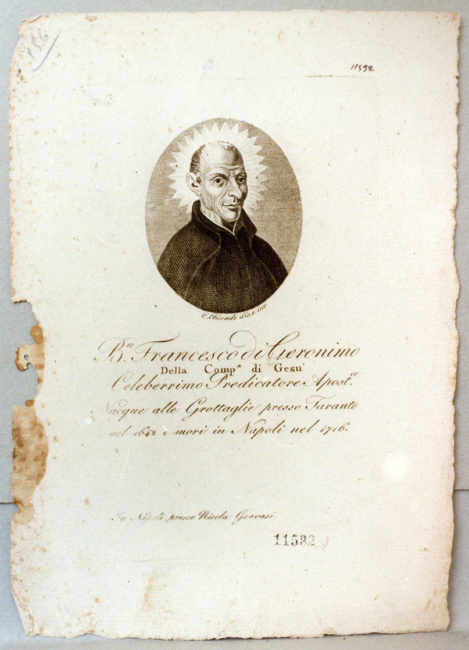 ritratto del beato Francesco di Geronimo (stampa) di Biondi Carlo (prima metà sec. XIX)