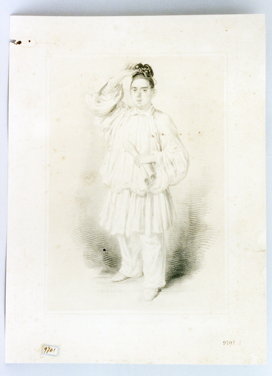 ritratto di Antonio Petito nelle vesti di Pulcinella (stampa) di Dura Gaetano (metà sec. XIX)