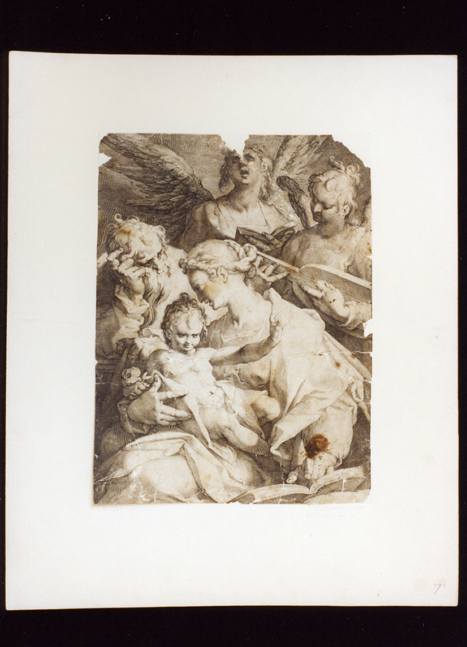 Sacra Famiglia con gli angeli (stampa) di Saenredam Jan Pietersz (secc. XVI/ XVII)