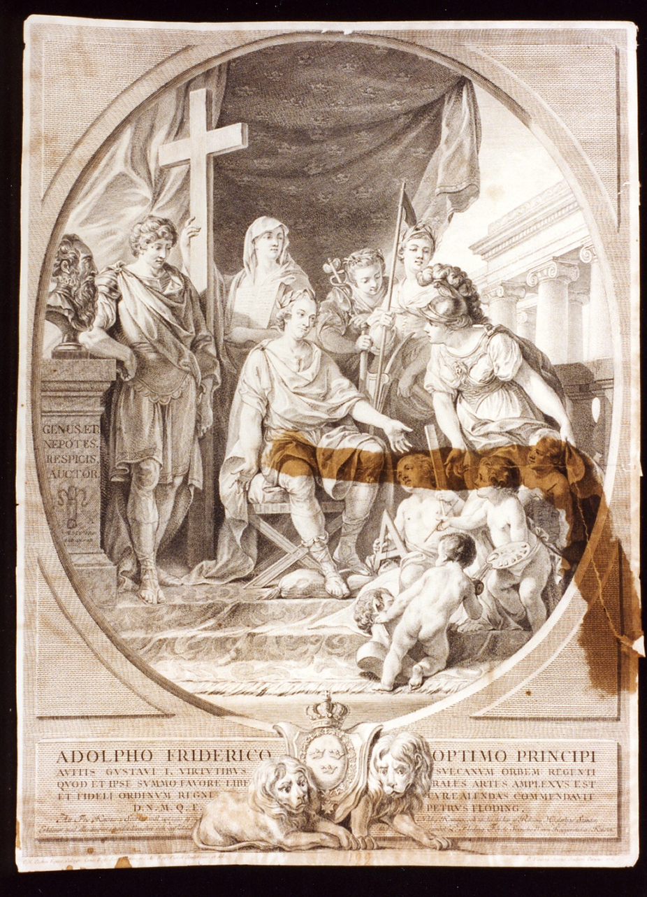 elogio delle virtù di Adolfo Federico di Svezia (stampa) di Floding Per Gustaf (sec. XVIII)