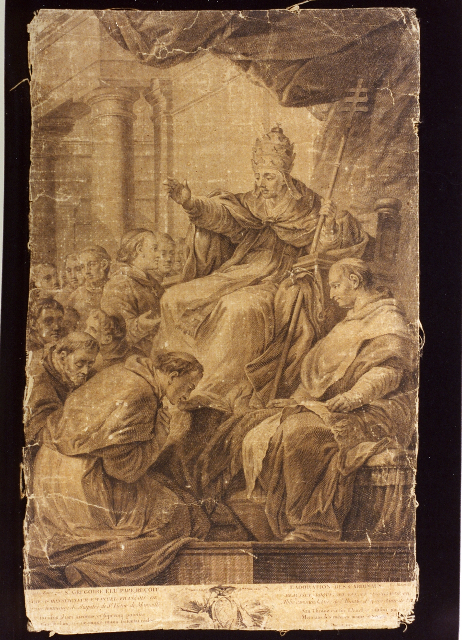 Gregorio Magno riceve l'adorazione dei cardinali (stampa) di Miger Simon Charles (seconda metà sec. XVIII)