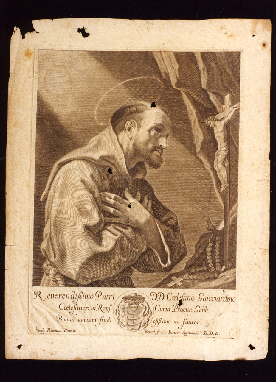 San Francesco d'Assisi in preghiera (stampa tagliata) di Farjat Benoit (seconda metà sec. XVII)